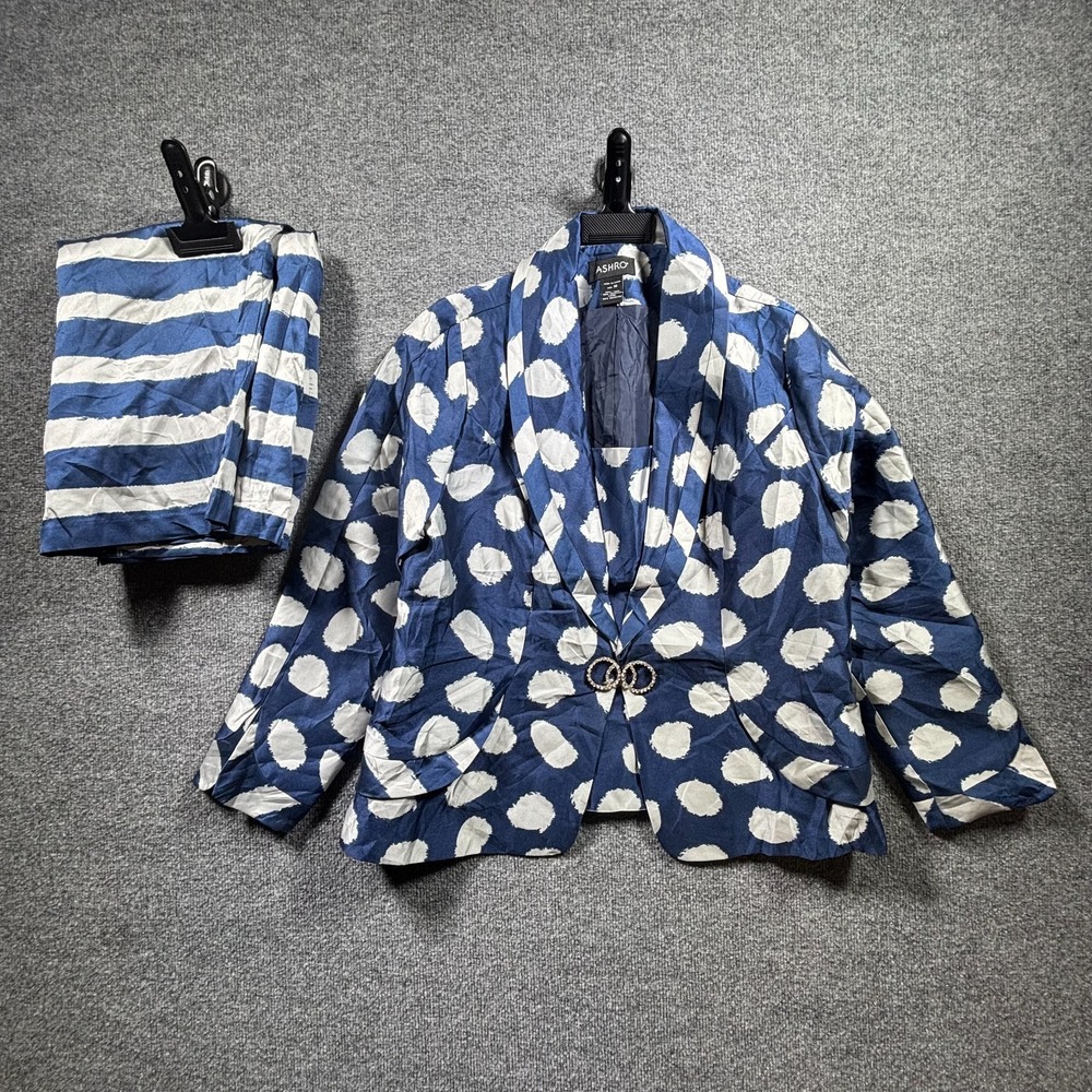 Ashro Blazer Matching Set Women's 16 Blue Polyester Polka-Dot Shawl-Lapel Preppy